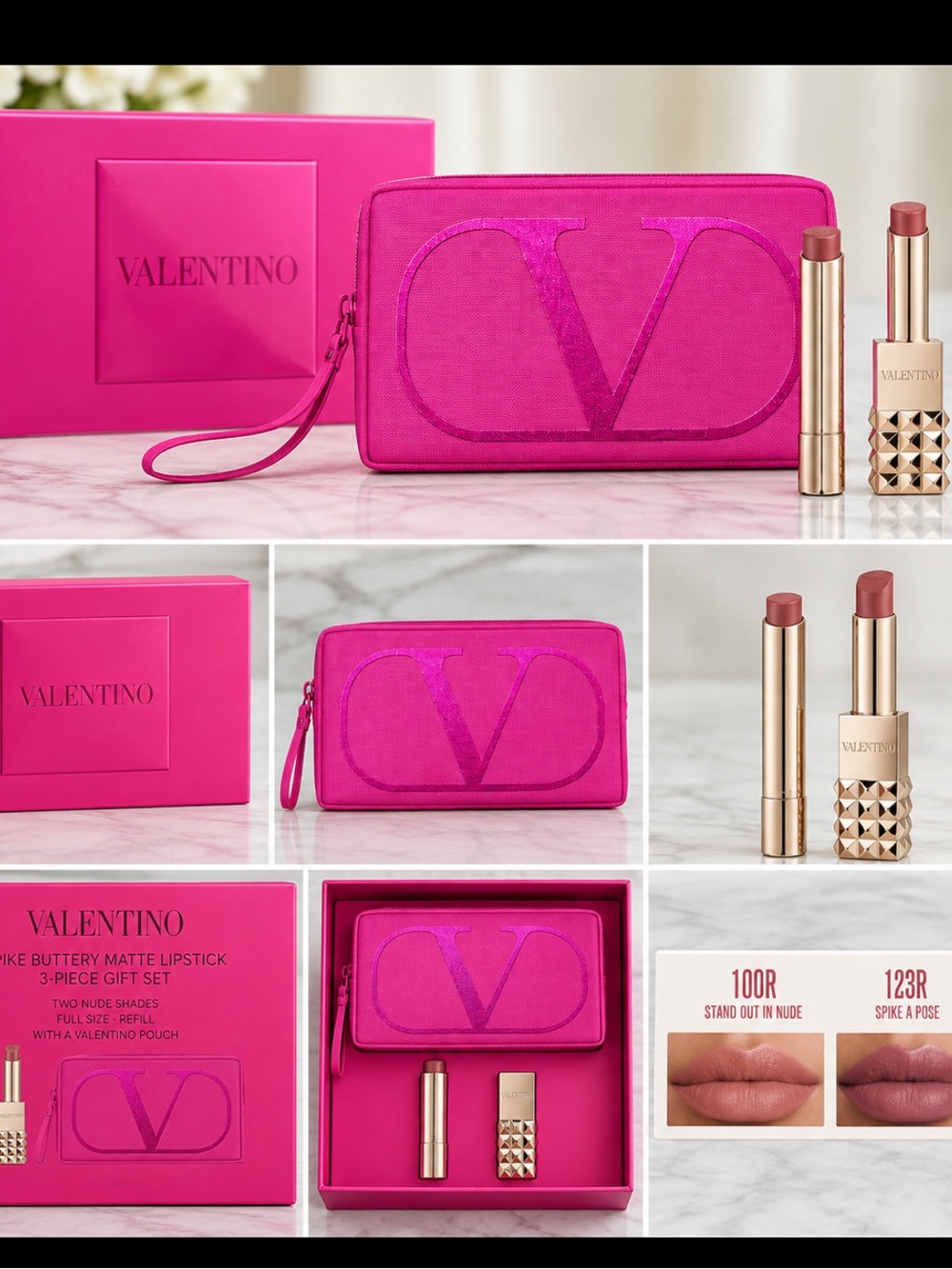 Valentino Hot Pink V Logo Wristlet Pouch with Lipstick Set